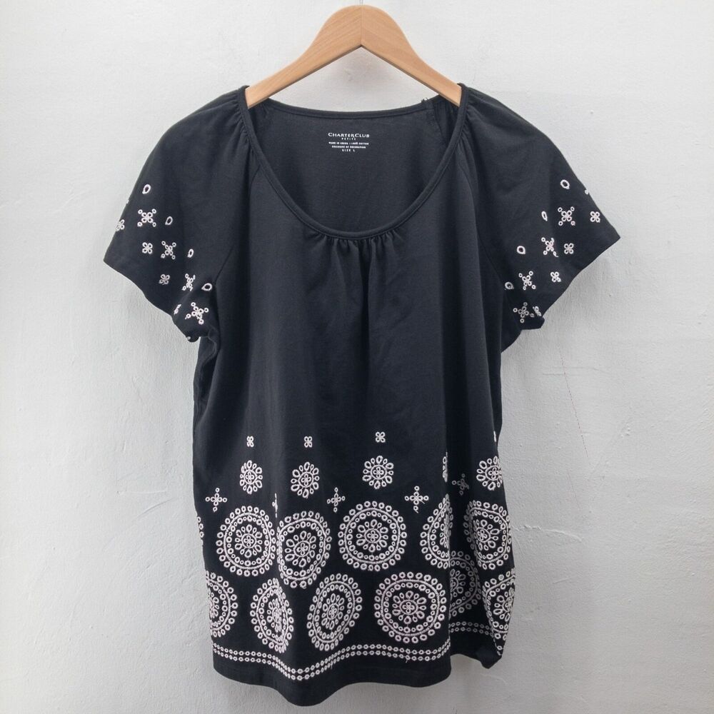 Charter Club Womens Short Sleeve Shirt Top Size L Petite 100% Cotton